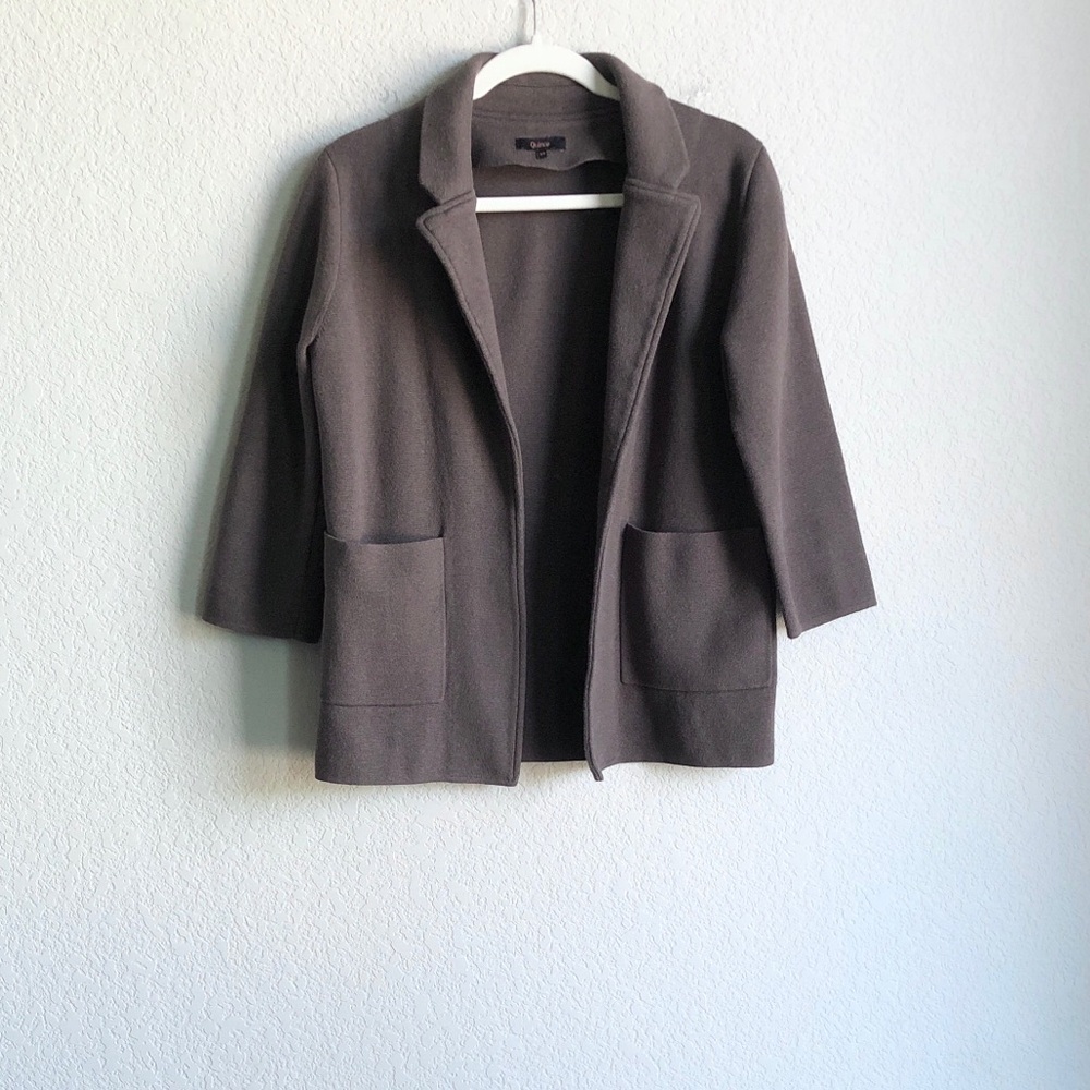 Quince Organic Cotton Knit Sweater Blazer 3/4 Sleeve Open Front Brown XS